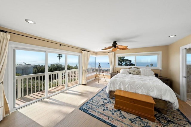 6130 Terryhill Dr, La Jolla, CA 92037 - bedroom with access to outside, light wood-style floors, a ceiling fan, and recessed lighting