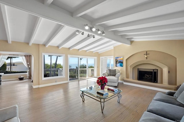 6130 Terryhill Dr, La Jolla, CA 92037 - living area featuring baseboards, a fireplace with raised hearth, wood finished floors, and track lighting