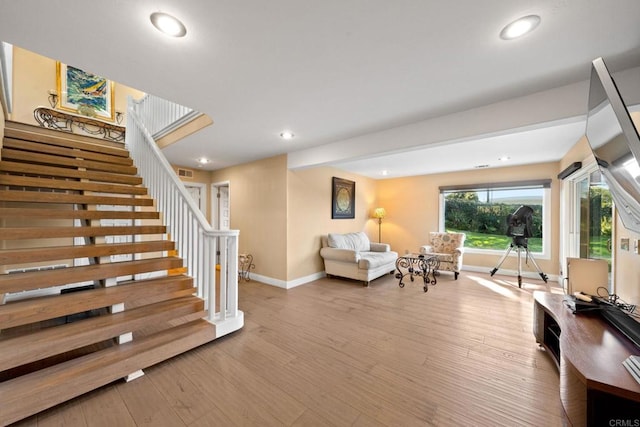 6130 Terryhill Dr, La Jolla, CA 92037 - living room featuring stairway, baseboards, recessed lighting, and wood finished floors