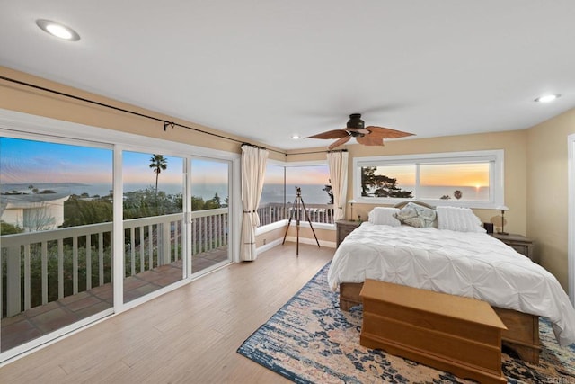 6130 Terryhill Dr, La Jolla, CA 92037 - bedroom with access to exterior, wood finished floors, recessed lighting, and a ceiling fan