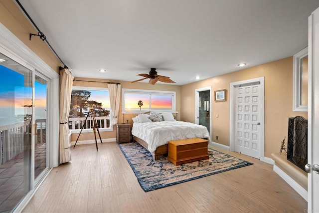 6130 Terryhill Dr, La Jolla, CA 92037 - bedroom with access to outside, baseboards, light wood-style floors, recessed lighting, and a ceiling fan