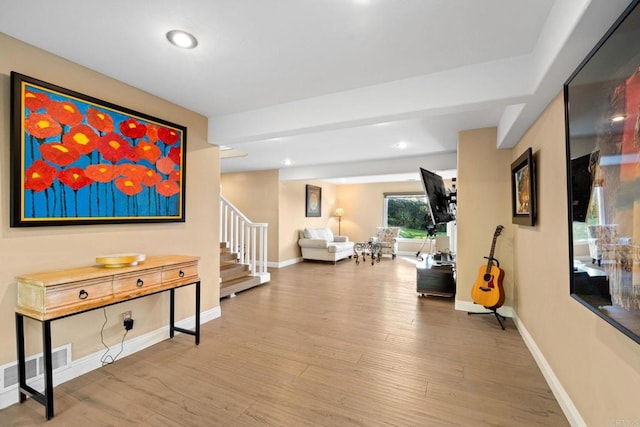 6130 Terryhill Dr, La Jolla, CA 92037 - hallway featuring stairs, wood finished floors, baseboards, and recessed lighting