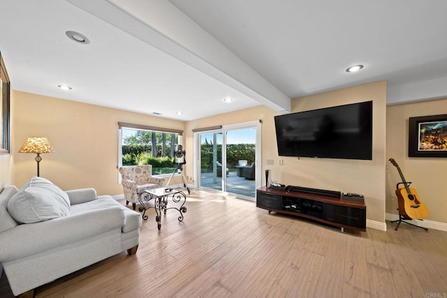 6130 Terryhill Dr, La Jolla, CA 92037 - living room with wood finished floors, baseboards, recessed lighting, and beam ceiling
