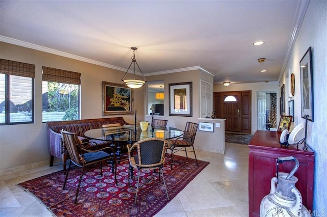 tiled dining area with crown molding