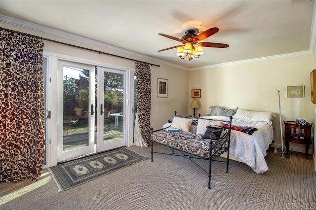 bedroom with access to exterior, ornamental molding, ceiling fan, and carpet