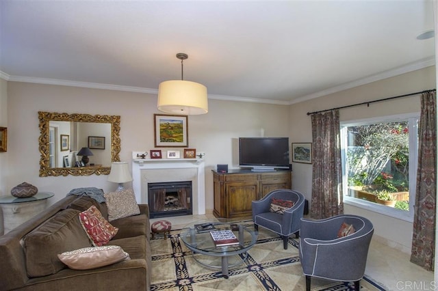 tiled living room with crown molding