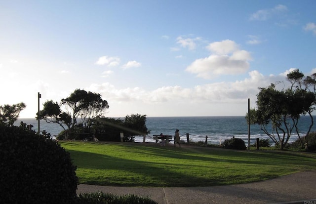 view of community with a water view and a lawn