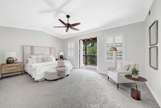 carpeted bedroom with lofted ceiling, access to exterior, and ceiling fan