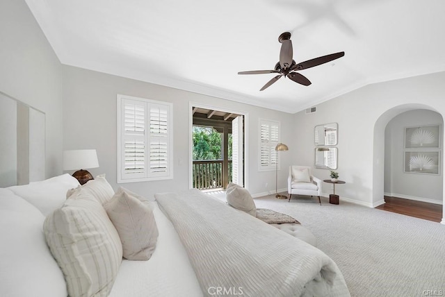 bedroom with carpet flooring, access to exterior, and ceiling fan