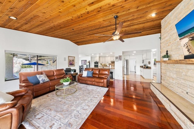 living room featuring high vaulted ceiling, wooden ceiling, dark hardwood / wood-style floors, and ceiling fan