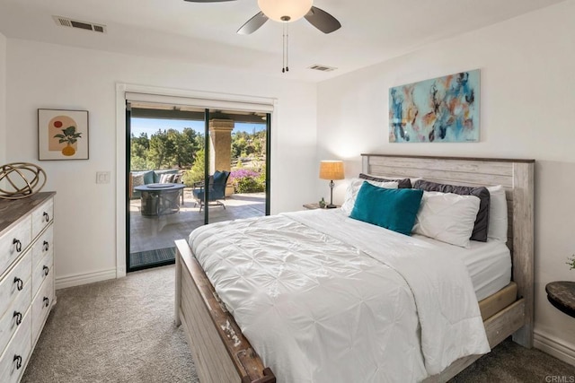 carpeted bedroom featuring access to outside and ceiling fan