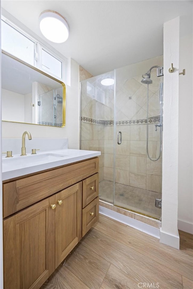 bathroom featuring vanity and a shower with shower door