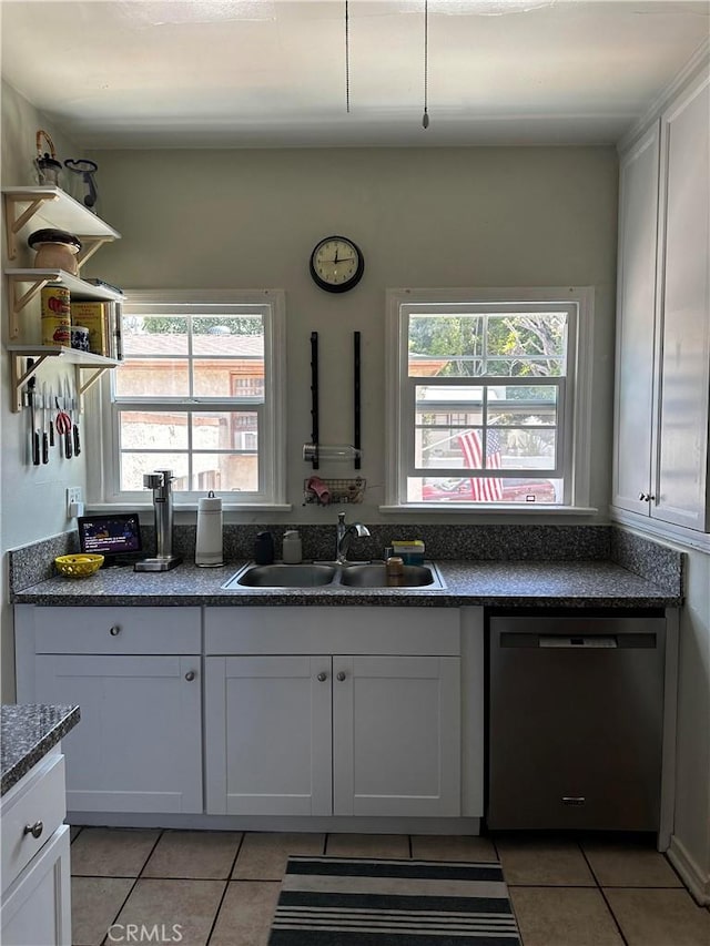 kitchen with white cabinetry, sink, dishwasher, and light tile patterned flooring