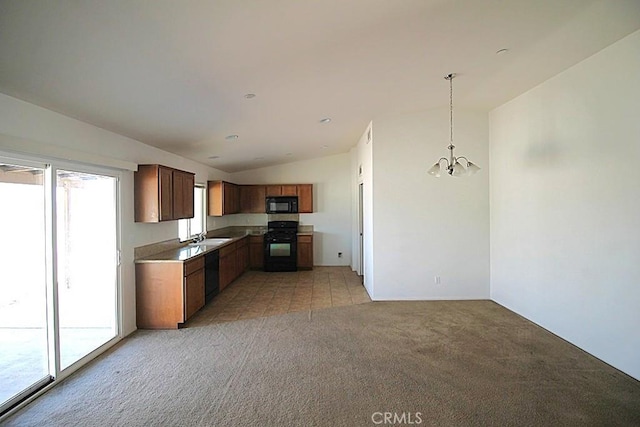 913 Wren Ct, Barstow, CA 92311 - kitchen featuring black appliances, light colored carpet, lofted ceiling, a chandelier, and a sink