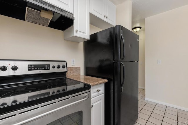 kitchen with black refrigerator, white cabinetry, extractor fan, and stainless steel electric range