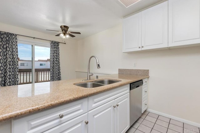 kitchen with sink, light tile patterned floors, ceiling fan, white cabinets, and stainless steel dishwasher