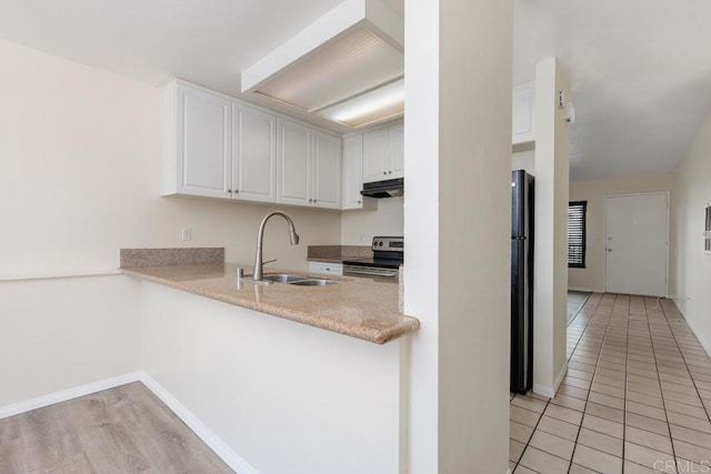 kitchen with sink, white cabinets, light tile patterned floors, kitchen peninsula, and electric stove