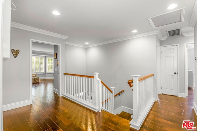 corridor featuring dark hardwood / wood-style flooring and crown molding