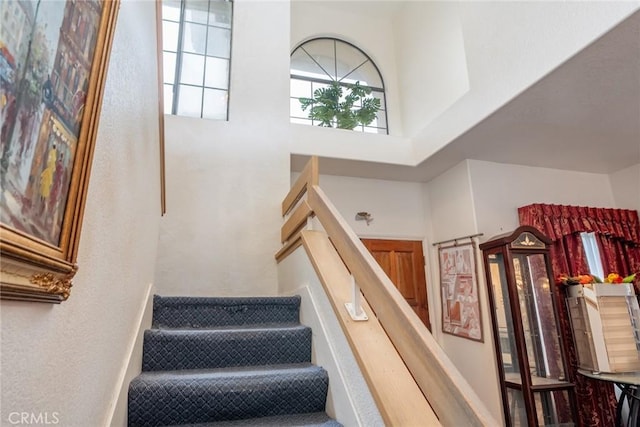 staircase with a high ceiling