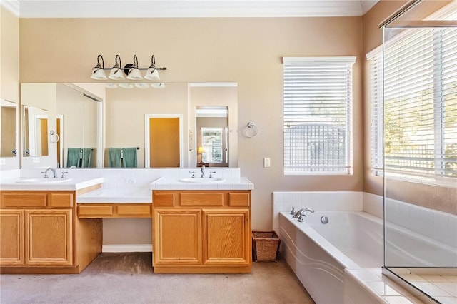 bathroom featuring carpet floors, double vanity, a sink, and a bath