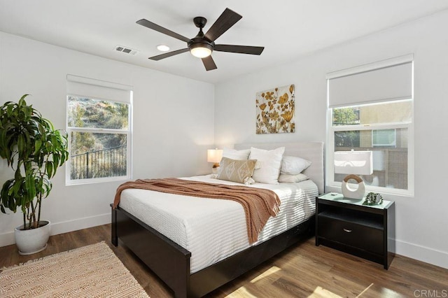 bedroom with multiple windows, hardwood / wood-style floors, and ceiling fan