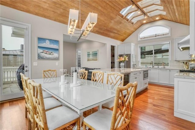 dining area featuring wood ceiling, lofted ceiling with skylight, light hardwood / wood-style floors, and sink