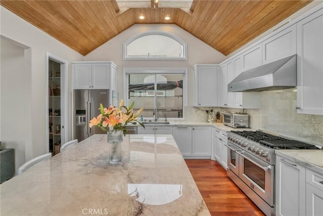 kitchen with decorative backsplash, wood ceiling, premium appliances, and under cabinet range hood