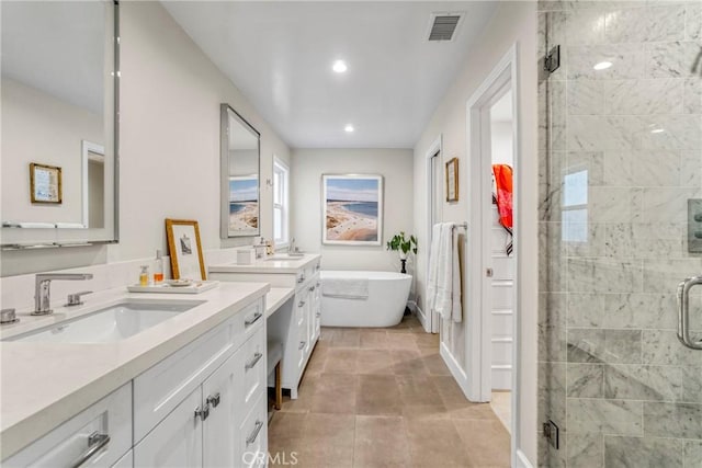 full bathroom featuring visible vents, a shower stall, two vanities, and a sink