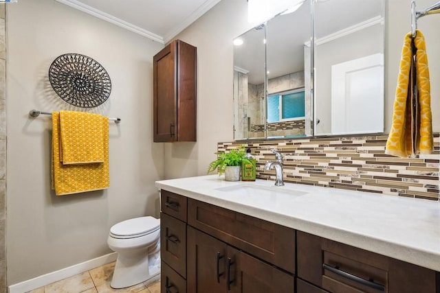 bathroom featuring tile patterned flooring, decorative backsplash, ornamental molding, and toilet