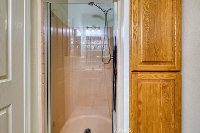 bathroom with a shower with shower door