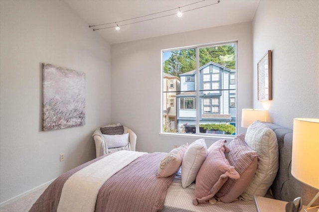 bedroom featuring rail lighting and carpet