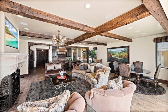 living room with beamed ceiling, dark wood-type flooring, and an inviting chandelier