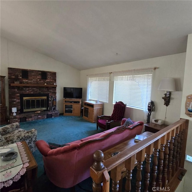 living room with a brick fireplace, carpet floors, and vaulted ceiling