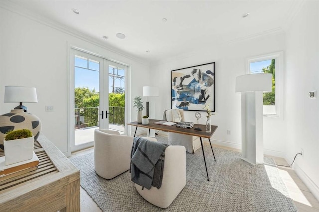 office space with french doors and ornamental molding