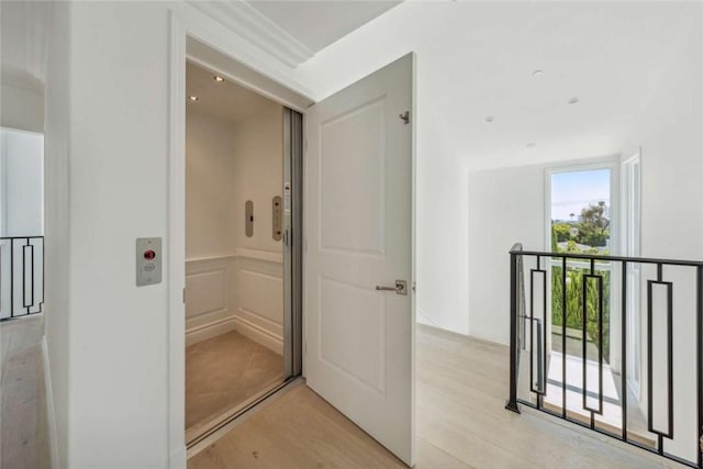 hallway featuring ornamental molding and light wood-type flooring