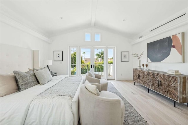 bedroom featuring french doors, high vaulted ceiling, beamed ceiling, access to exterior, and light hardwood / wood-style floors