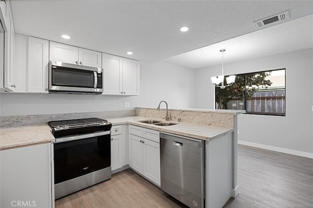 kitchen with white cabinetry, sink, kitchen peninsula, stainless steel appliances, and light wood-type flooring