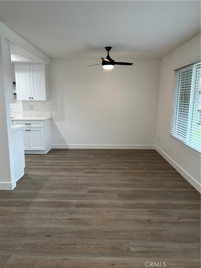 interior space featuring ceiling fan and dark hardwood / wood-style flooring