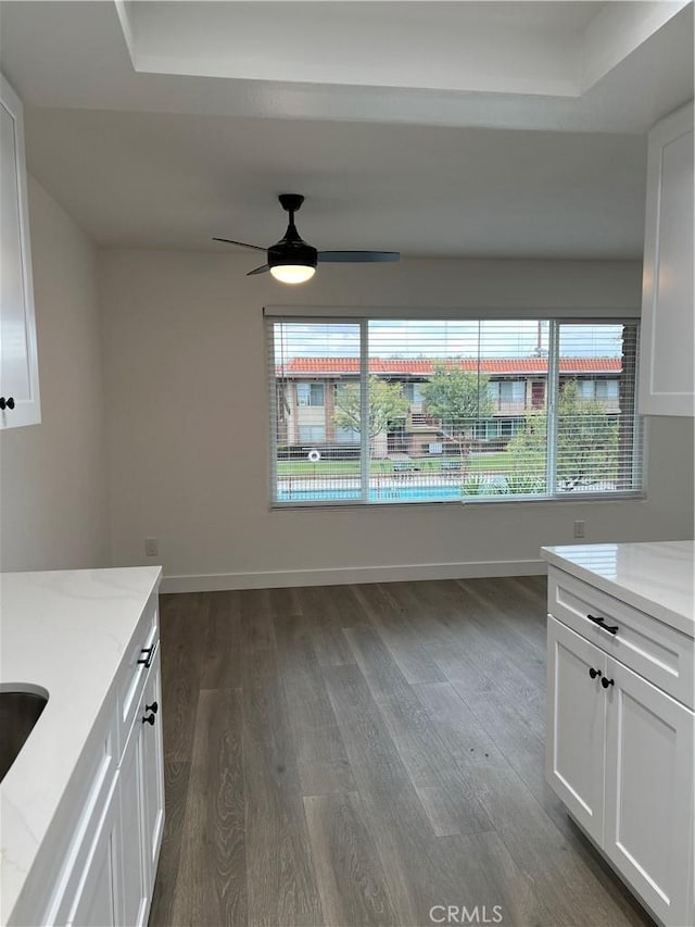 kitchen with dark wood-type flooring, plenty of natural light, light stone counters, and white cabinets