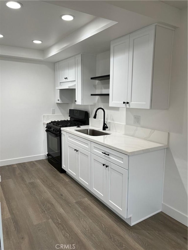 kitchen with white cabinetry, gas stove, a raised ceiling, and sink