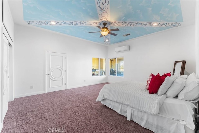 bedroom featuring carpet floors, a wall unit AC, and ceiling fan