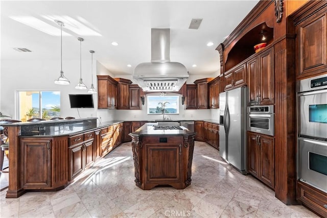 kitchen with stainless steel appliances, island exhaust hood, a center island, and decorative light fixtures