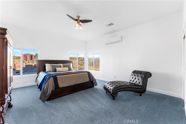 bedroom featuring multiple windows, a wall mounted air conditioner, dark carpet, and ceiling fan