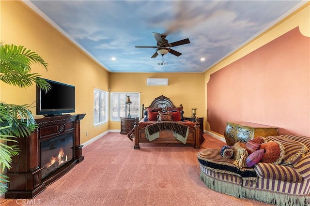 bedroom featuring crown molding, an AC wall unit, and light carpet