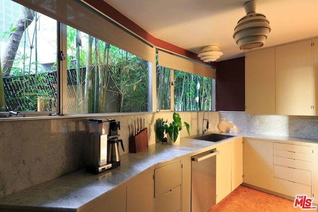 interior space featuring tasteful backsplash, dishwasher, and sink