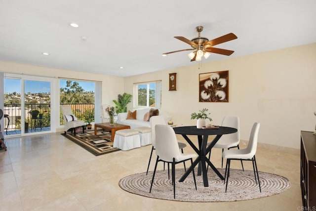 dining area with ceiling fan, baseboards, and recessed lighting