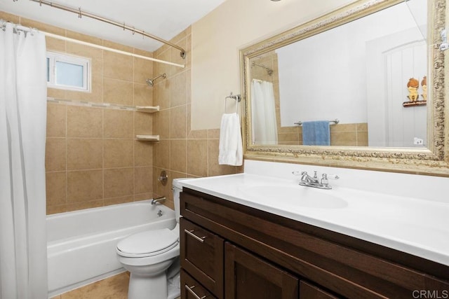 full bath featuring toilet, tile walls, shower / tub combo with curtain, and vanity