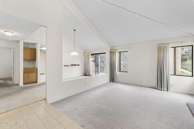 carpeted empty room featuring vaulted ceiling, a healthy amount of sunlight, and a textured ceiling