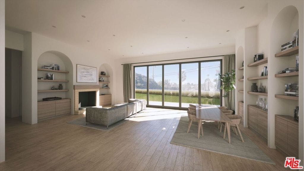 living room with hardwood / wood-style flooring and built in shelves