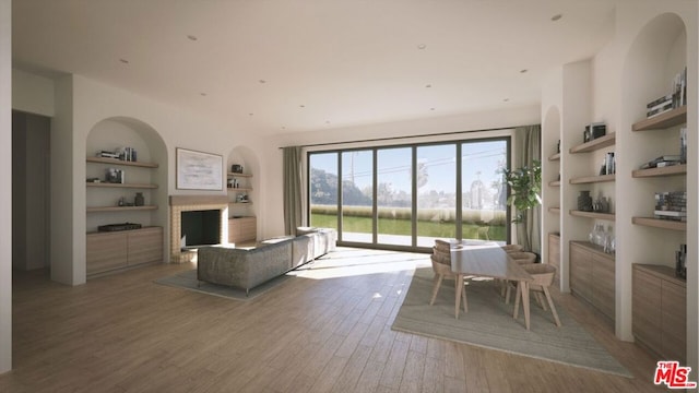 living room with hardwood / wood-style flooring and built in shelves